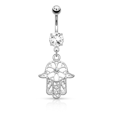 Piercing de buric cu pietricele si pandativ hamsa