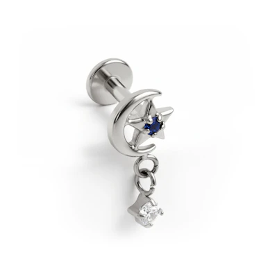 Labret din titan cu lună și stea cu pandant