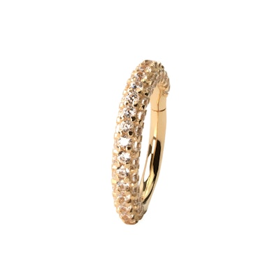 Cercel din aur de 14 ct cu balama și margine rotunjită pavată cu pietre de zirconia