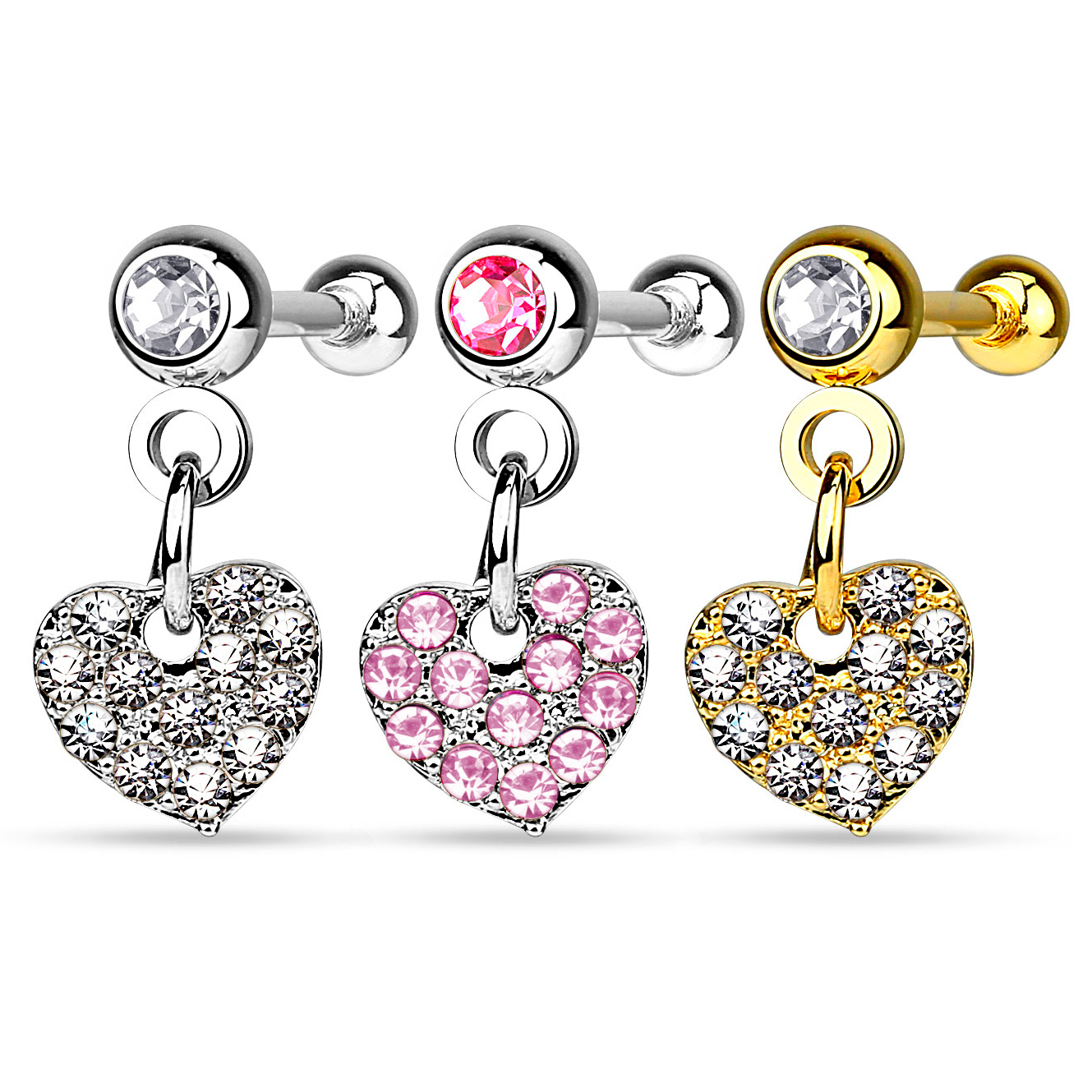 Stud de ureche cu pandativ în formă de inimă decorată cu pietre