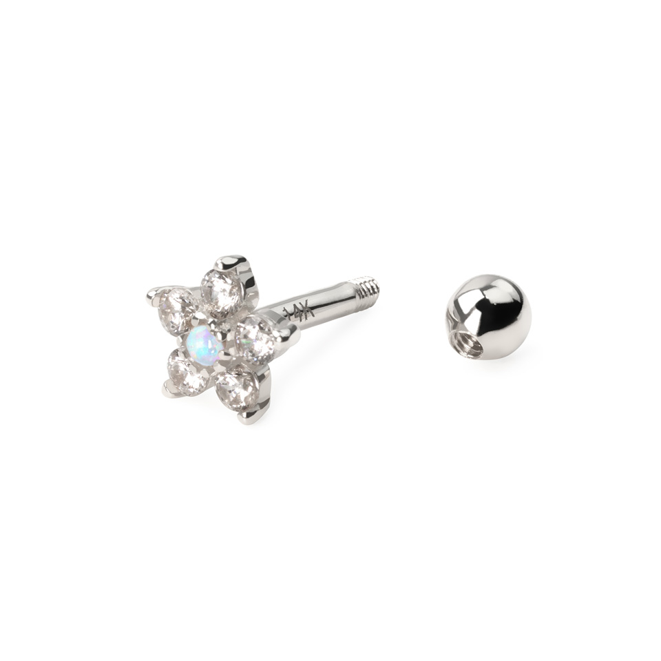 Cercel de ureche din aur de 14k cu floare și piatră de opal