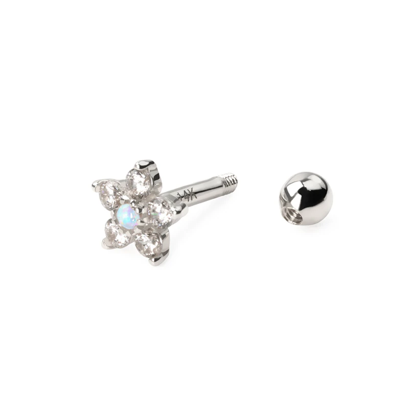Cercel de ureche din aur de 14k cu floare și piatră de opal