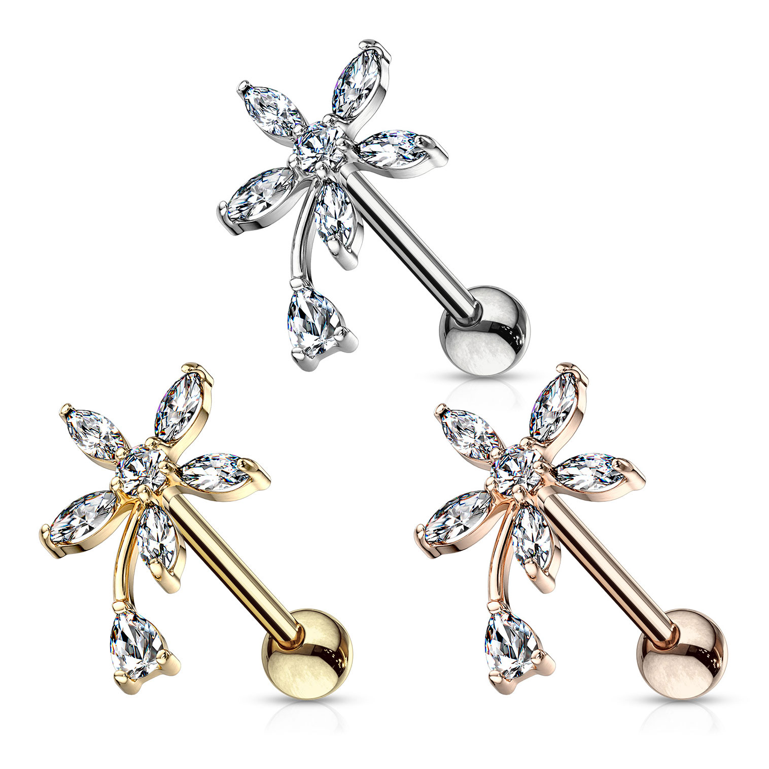 Cercel de ureche cu bilă și pietre marchize