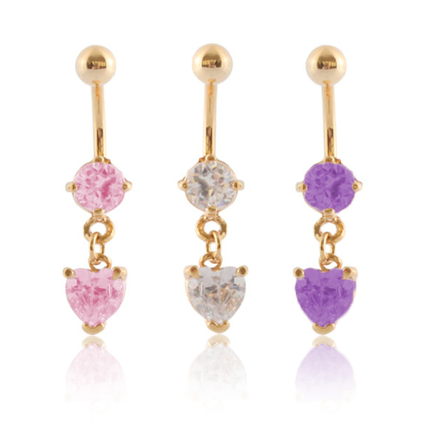 Piercing de buric placat cu aur cu pietricică colorata și pandativ în formă de inimă