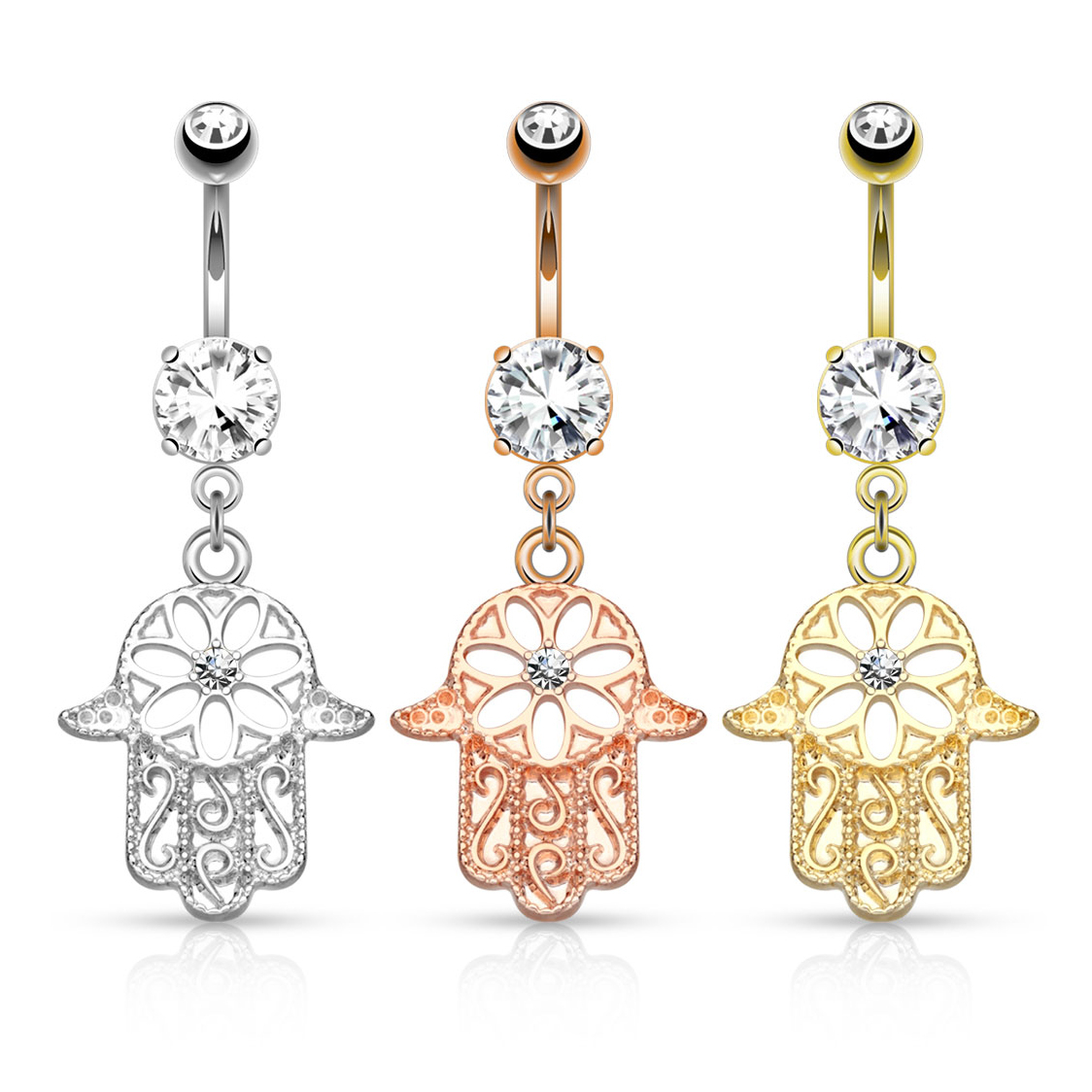Piercing de buric cu pietricele si pandativ hamsa