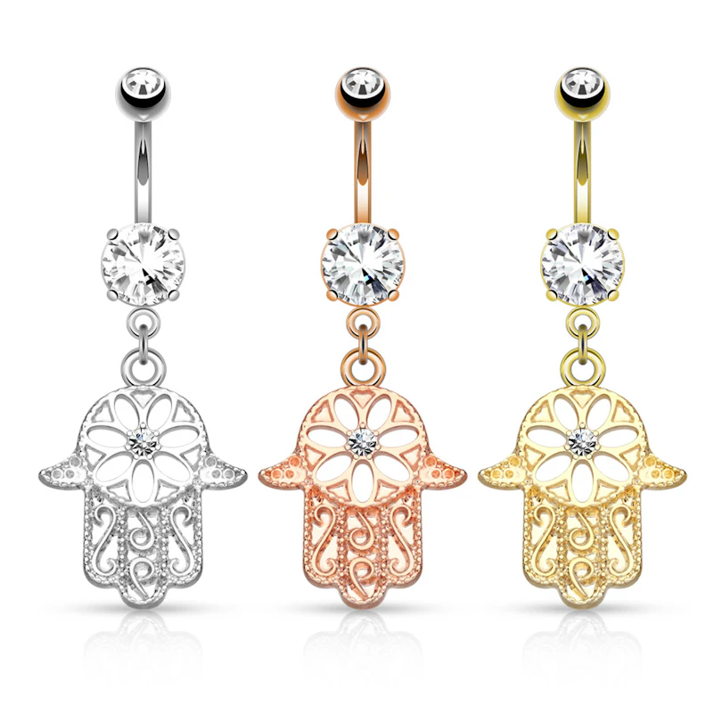Piercing de buric cu pietricele si pandativ hamsa