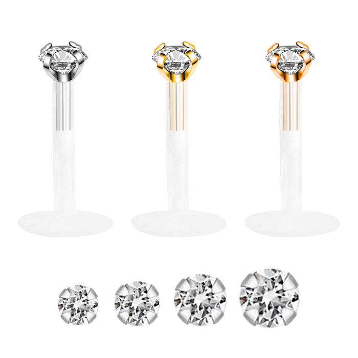 Labret din aur de 14k cu piatră rotundă și post din PTFE