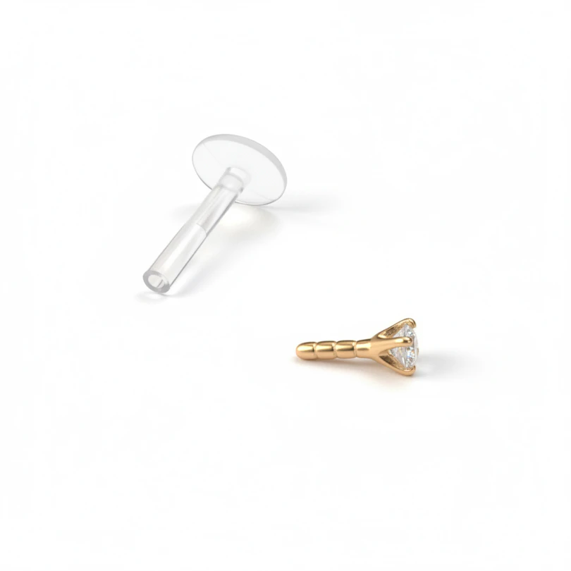 Labret din aur de 14k cu piatră rotundă și post din PTFE