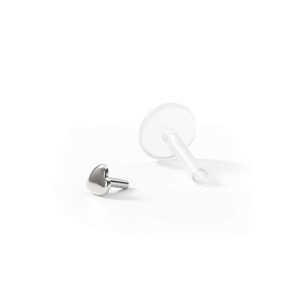 Labret din aur de 14 carate si vârf în formă de inimă-8 mm-Aur alb 14K / PTFE-1,2 mm