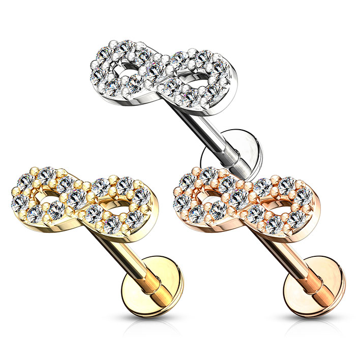 Labret cu filet interior și semnul infinitului încrustat cu pietre