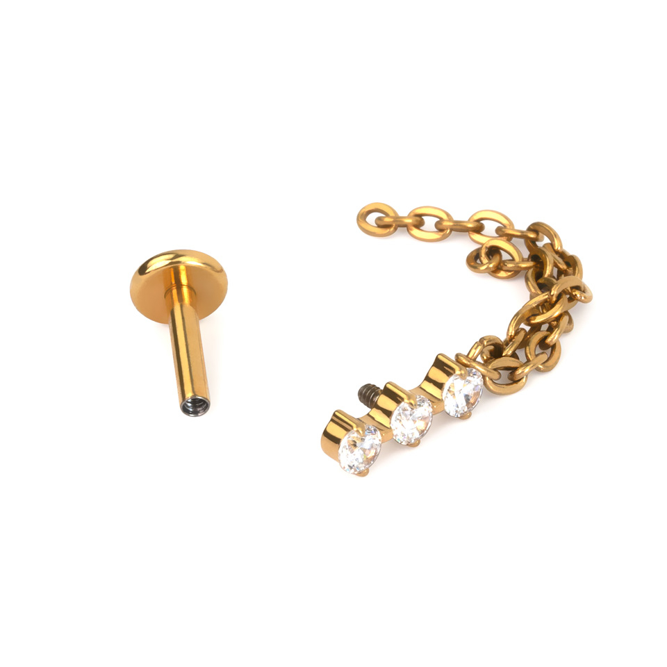 Labret din titan cu trio de pietre și lanț dublu care atârnă