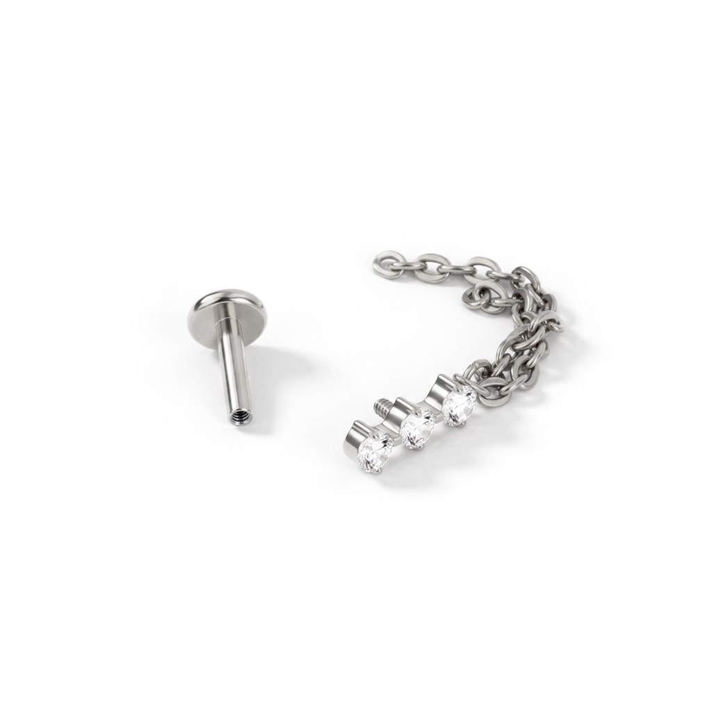 Labret din titan cu trio de pietre și lanț dublu care atârnă