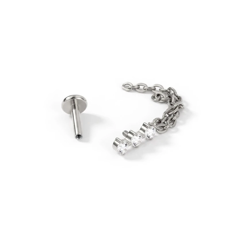 Labret din titan cu trio de pietre și lanț dublu care atârnă