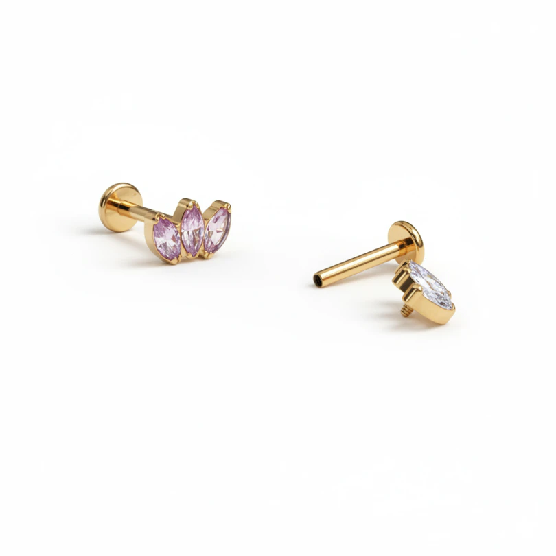 Labret din titan cu trio de pietre în culoare la alegere