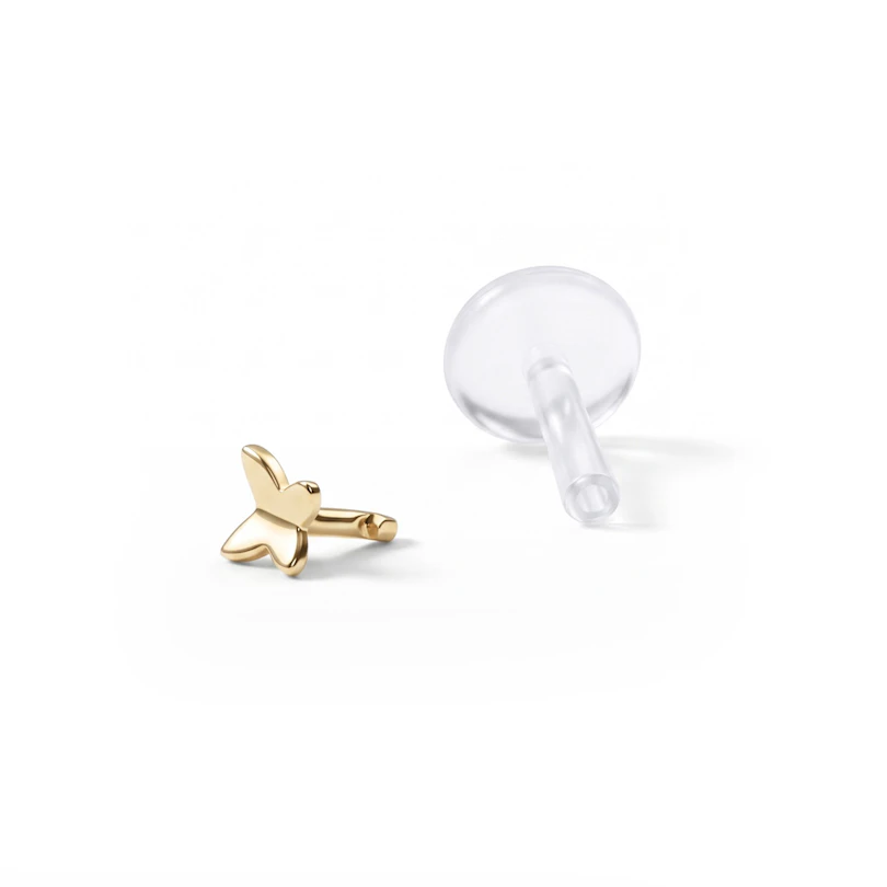 Labret cu fluturaș din aur de 14k cu tijă din PTFE