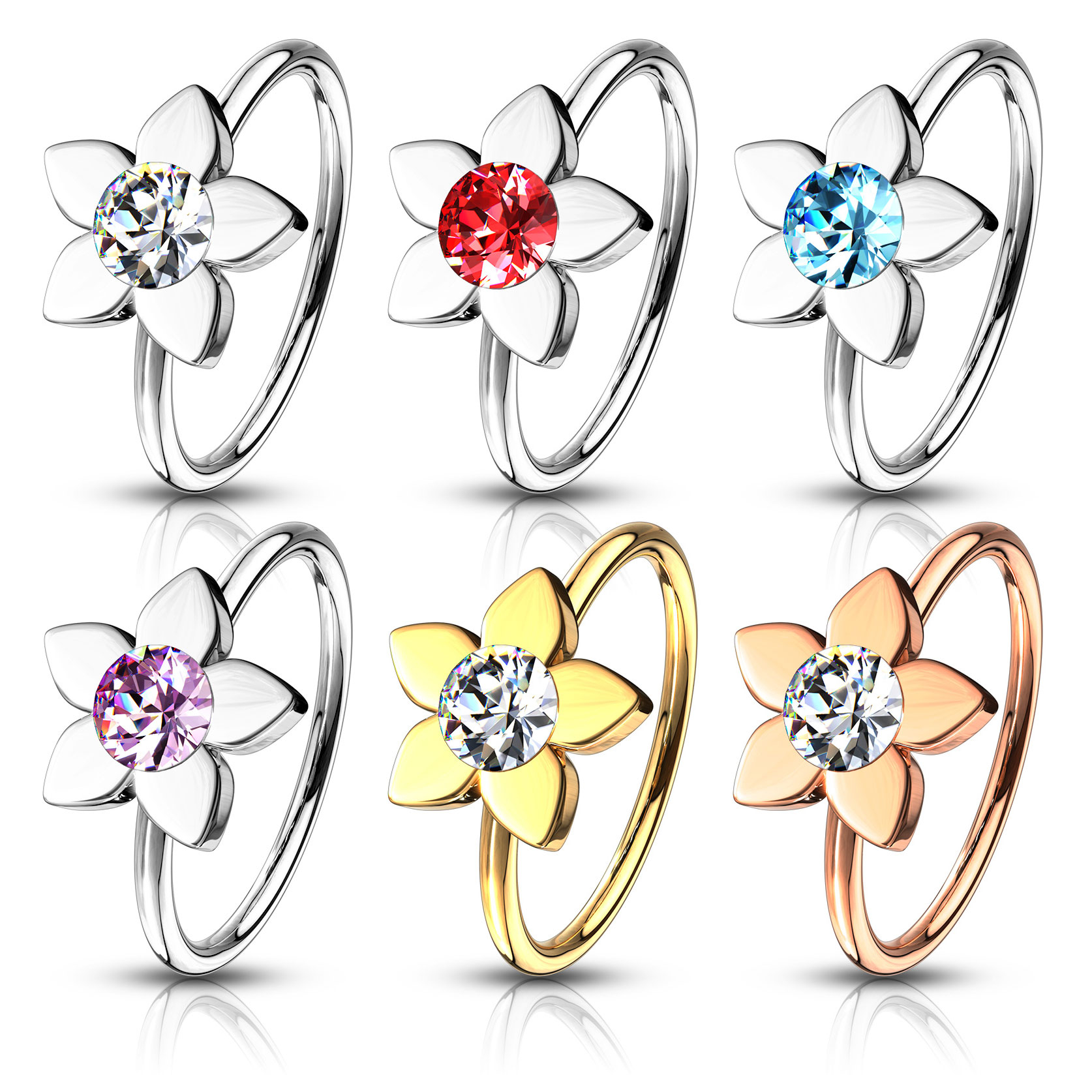 Cercel nazal cu floare de lotus și piatră centrală