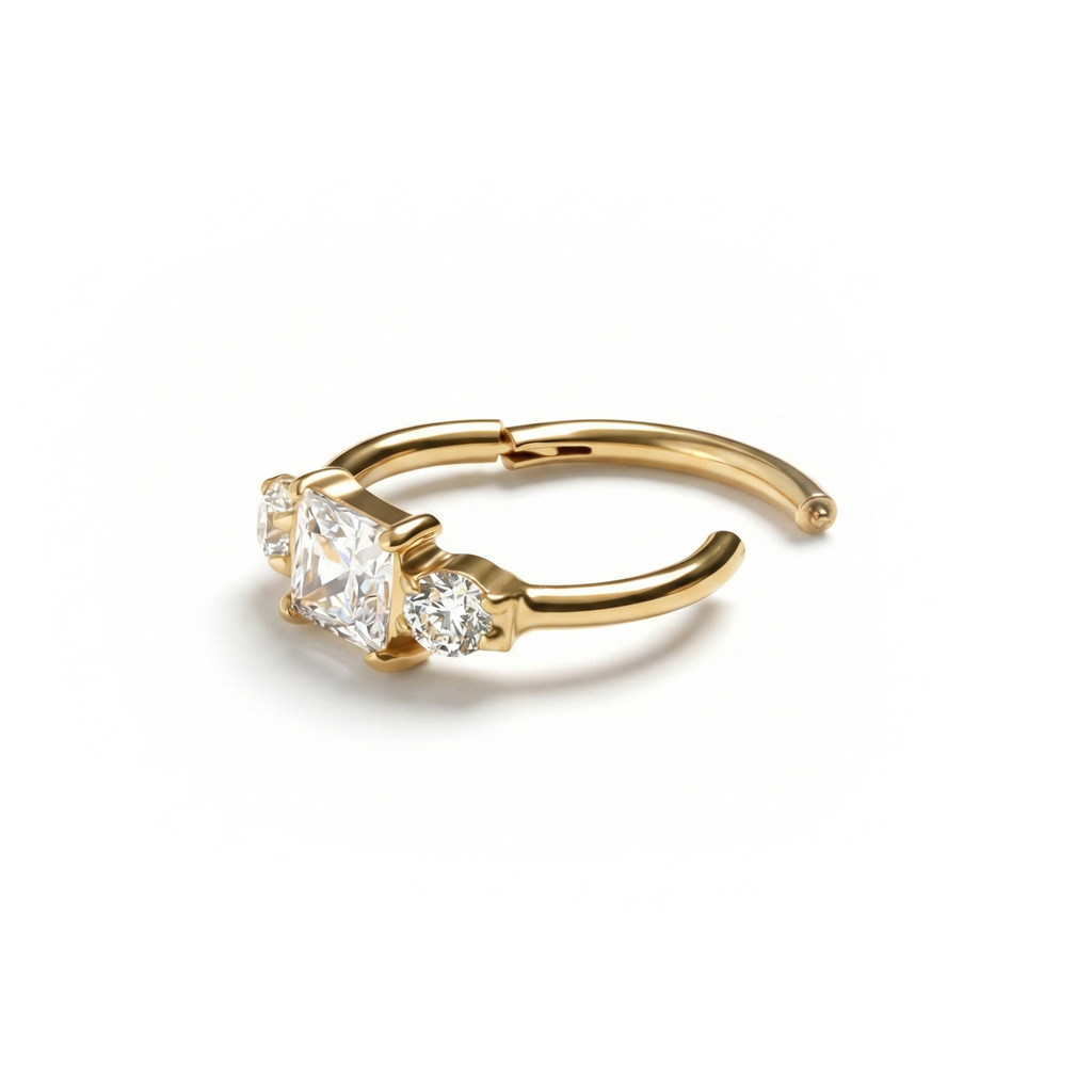 Cercel din titan cu balama cu trei pietre zirconiu