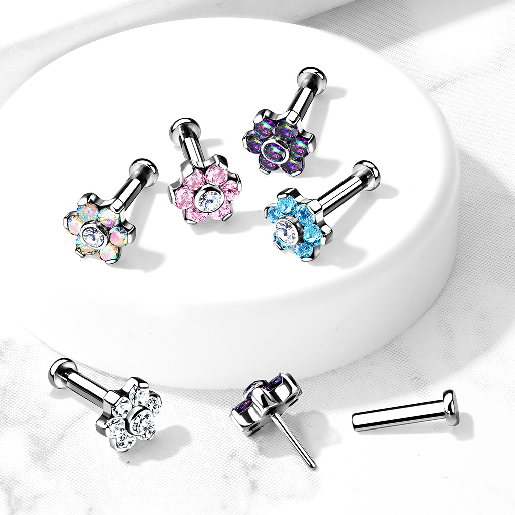 Labret push-in din titan cu floare din pietre